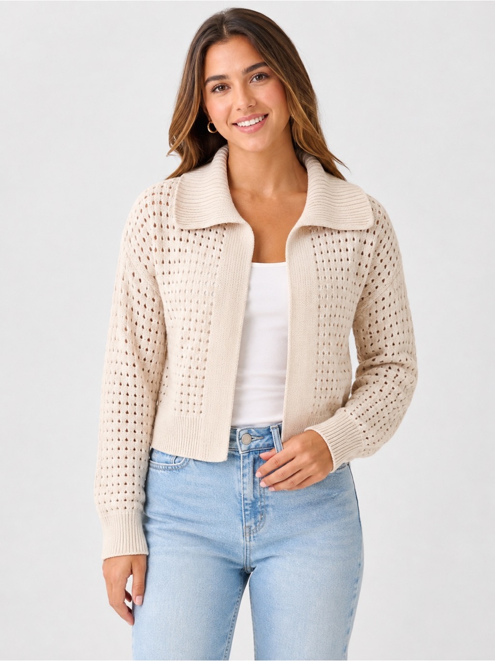 Cropped Open-Knit Cream Collared Cardigan Sweater